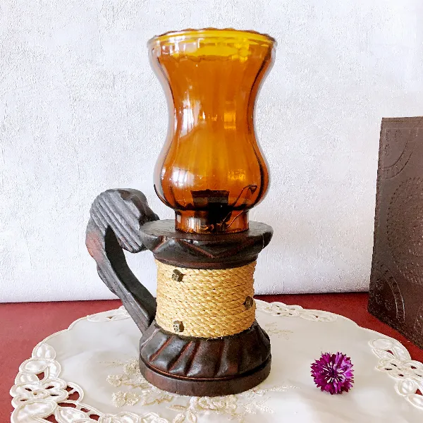 Ancien bougeoir photophore artisanal bois et verre ambré vintage 60/70