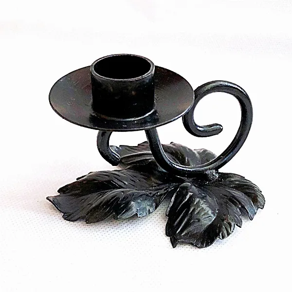 Bougeoir à main artisanal fer forgé noir forme de feuille vintage