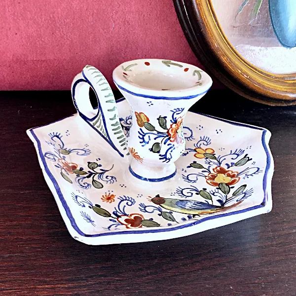 Bougeoir artisanal céramique émaillée signé décor style Rouen vintage