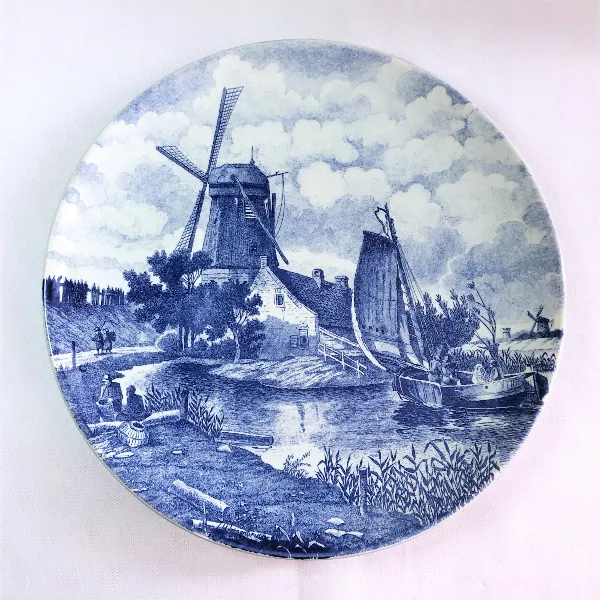 Grand plat ou déco murale faïence Delfts Hollande bleu camaïeu Weisenbruch 33,5 cm