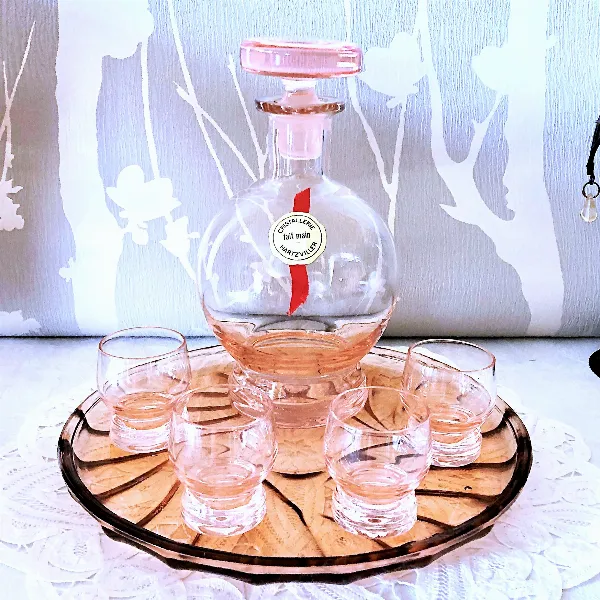 Service à liqueur rosé en cristal Hartzvillier, fait main France vintage