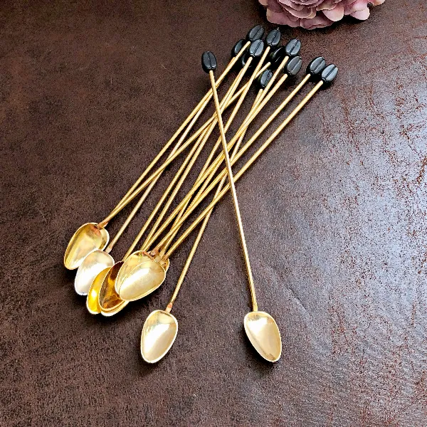 Lot de 12 cuillères à glace cocktail café dorées grain de café 