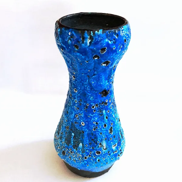 Grand vase artisanal bleu écume de mer vintage