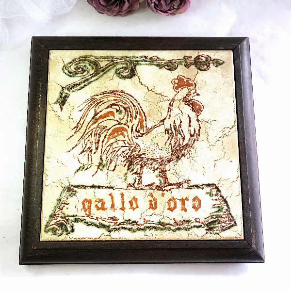 Grand dessous-de-plat vintage décor coq faïence et bois rustique rétro 25 cm