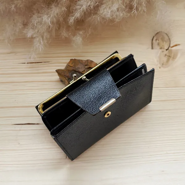 Porte-feuille/Porte-monnaie cuir noir vintage 60/70