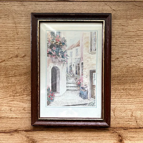 Reproduction Aquarelle Village Provençal – Cadre Bois – Déco Murale 17x12 cm