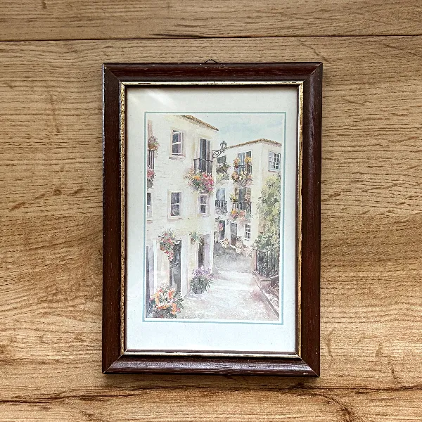 Impression Aquarelle Village Provençal – Cadre Bois – Déco Murale 17x12 cm