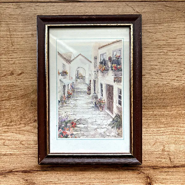 Reproduction Aquarelle Village Provençal – Cadre Bois – Déco Murale 17x12 cm