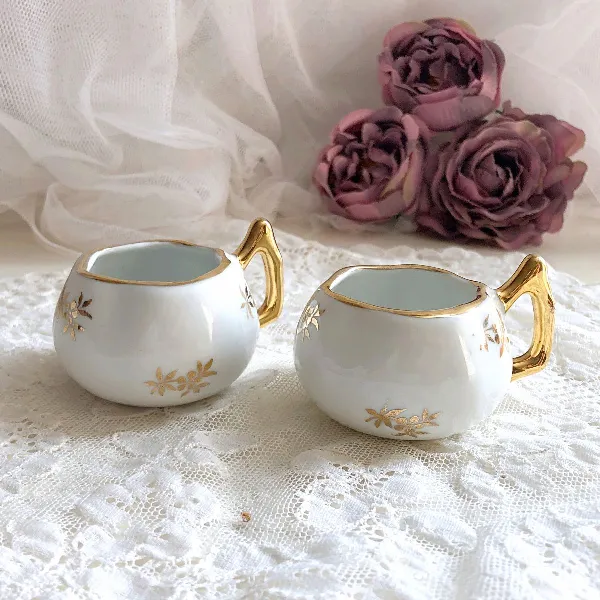 Duo Salerons Poivriers Porcelaine Luxe France F.D Vintage Or Floral Mini Tasses