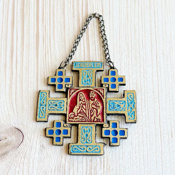 Rare Croix de Jérusalem Murale Vintage (Années 50/70) – Nativité en Relief – Terre Sainte