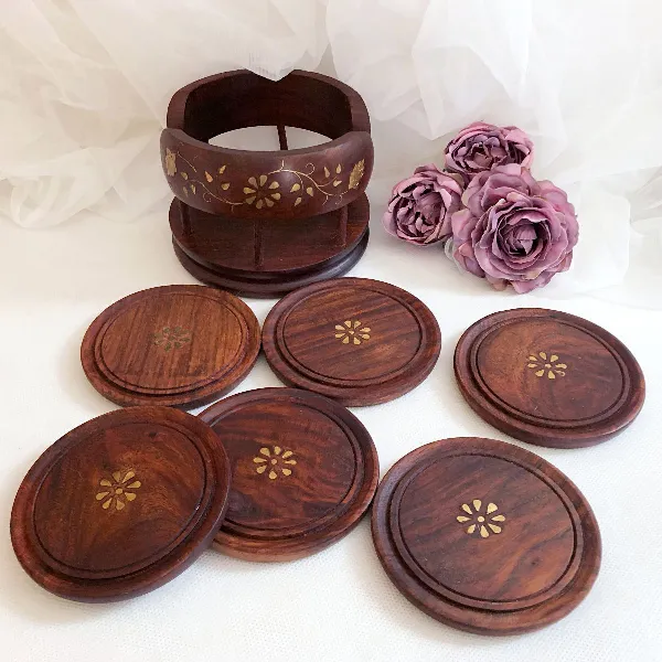 Ensemble Vintage : 6 Dessous de Verre en Bois de Sheesham et Laiton