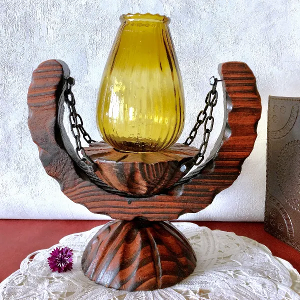 Grand bougeoir photophore en bois et verre ambré ,vintage 