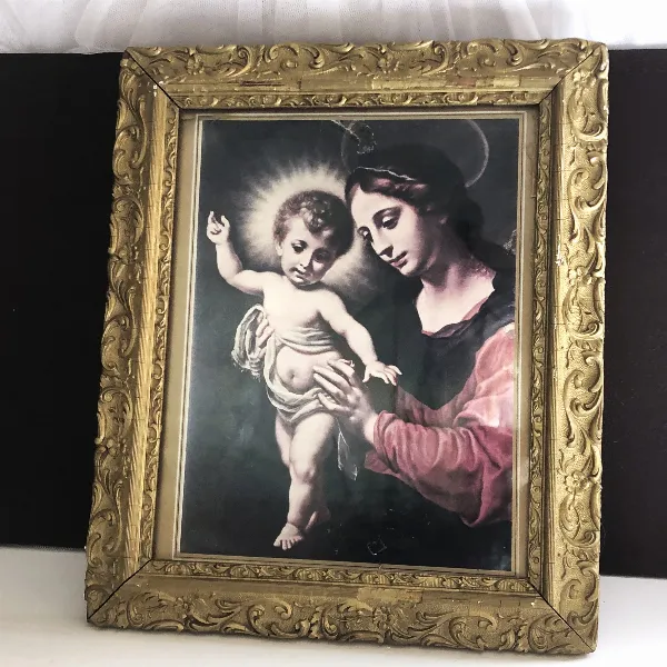 Cadre doré sous verre  reproduction Vierge à l'enfant de Carlo Dolci début XXe